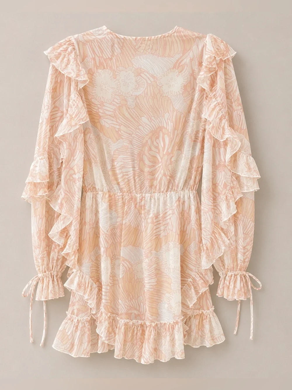 Ted Baker Womens Size 0 Pink Ruffle Mini Dress Sheer Long Sleeve Floral Romper